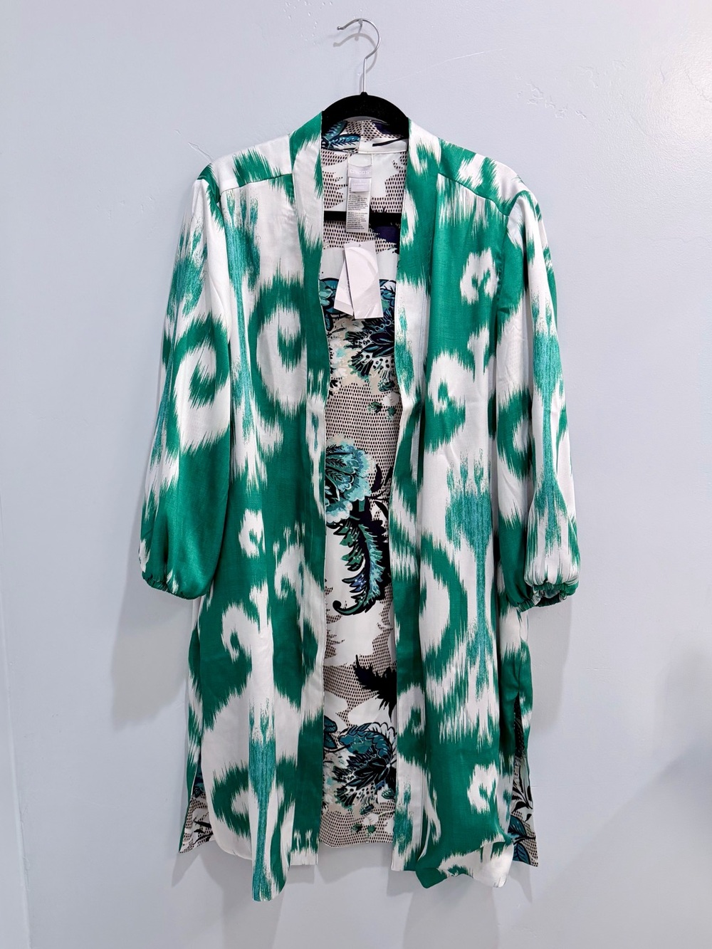 Chico's Reversible Duster Jacket Tropic Emerald Ikat Floral Satin Size 3 16 NWT - Picture 2 of 16